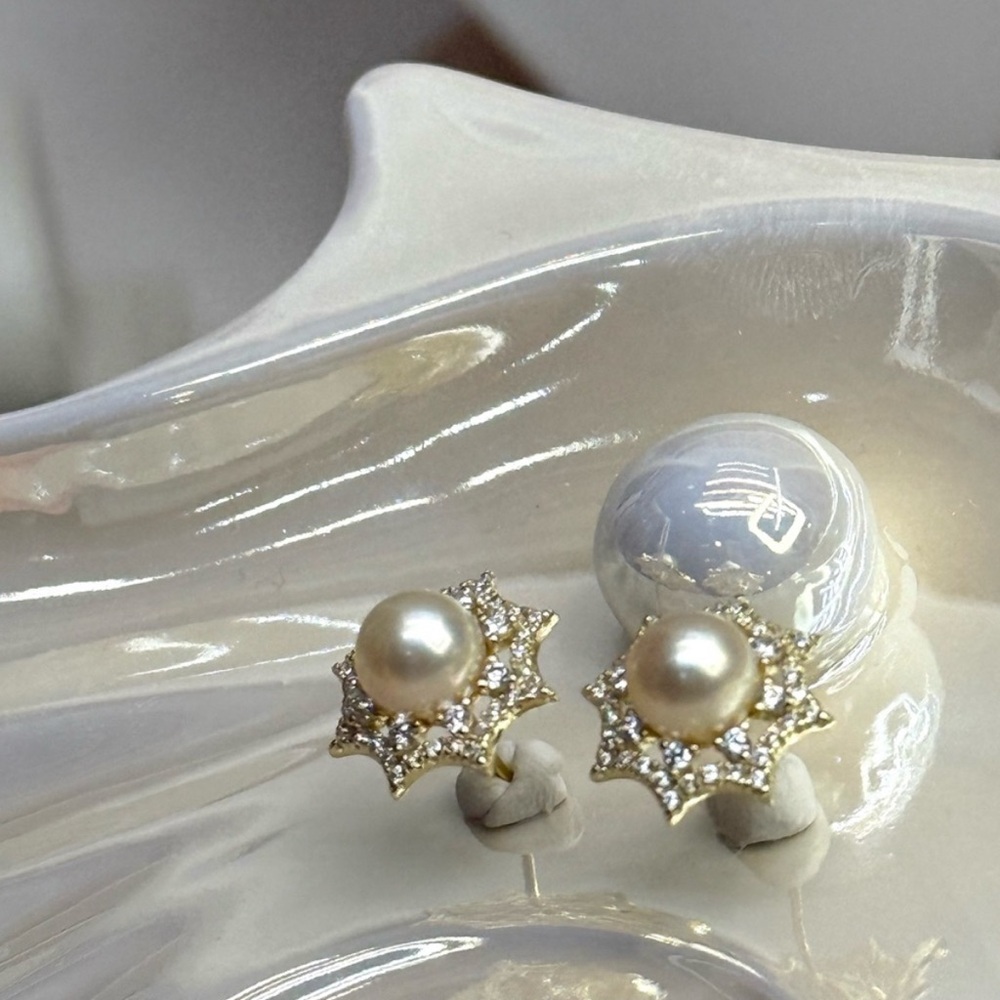 Premium 7mm Akoya Sea Pearl Earrings • Art Deco Web Design • 18K Gold over S925 - Picture 7 of 11